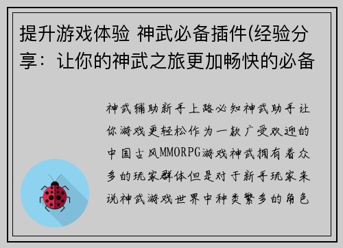 提升游戏体验 神武必备插件(经验分享：让你的神武之旅更加畅快的必备插件)